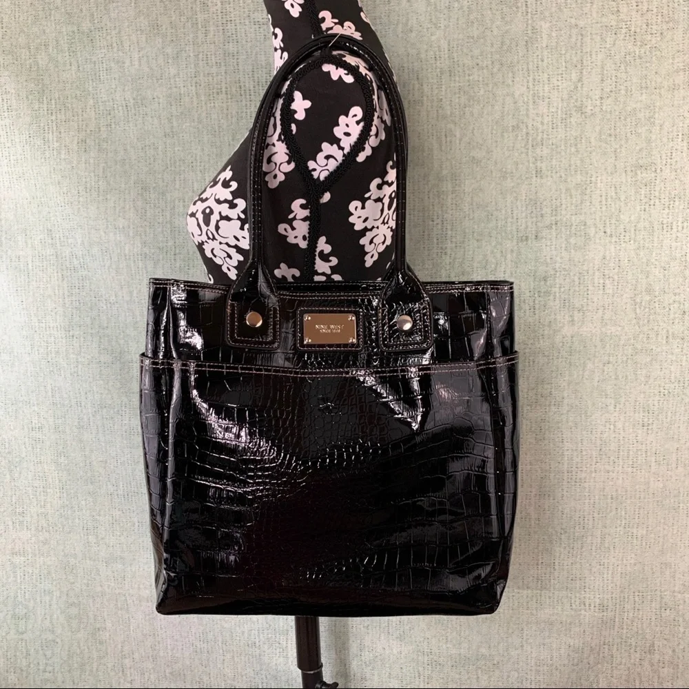 NINE WEST Gloss Black Crocodile Texture Sturdy Large Black Tote Hand Bag